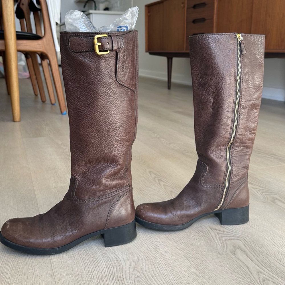 Prada Brown Leather Riding Boots with Gold Buckle